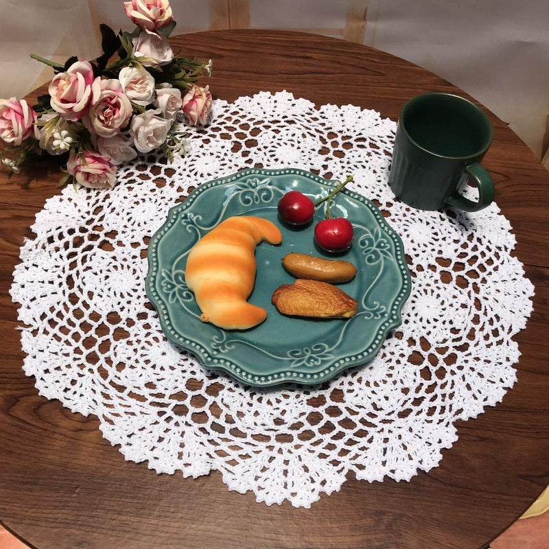 Damanni White Cotton Handmade Crochet Lace Tablecloth Doilies Table Overlay,Round,16 Inch,2PCS - Image 2